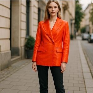 House of Harlow 1960 Orange Double-Breasted Leather Blazer